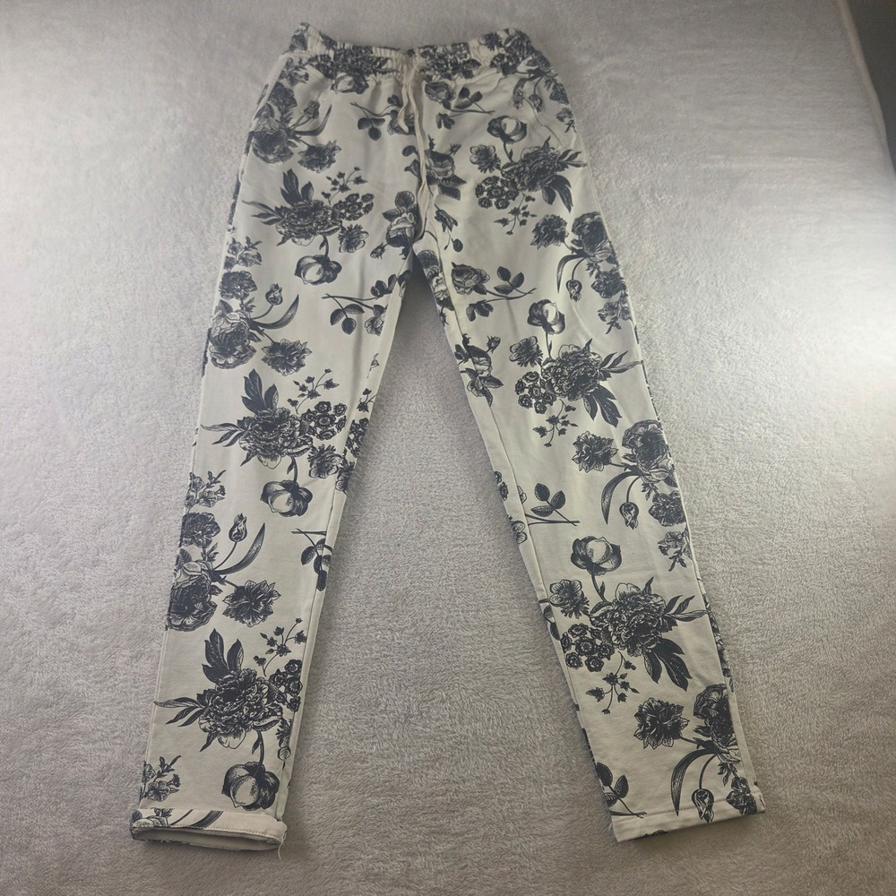 Made in Italy Floral Print Joggers Wht Blk Rose Toile Zipper Pocket Pants M